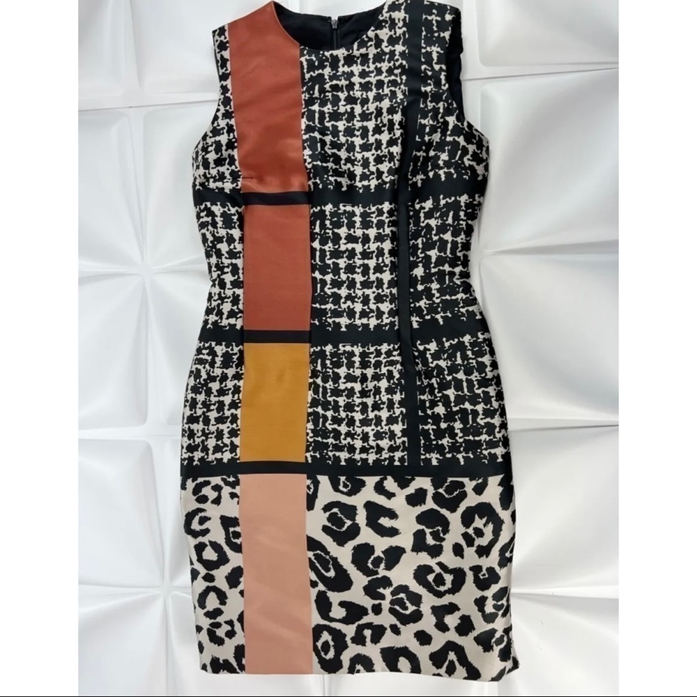 Carmen Marc Valvo Sz 6 Jacquard Brocade Houndstooth Sheath Pencil Dress Work